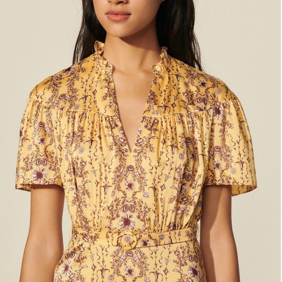 Sandro Paris Suzette Yellow Floral Ruffle Mini Dress Sz 2 - Picture 2 of 11